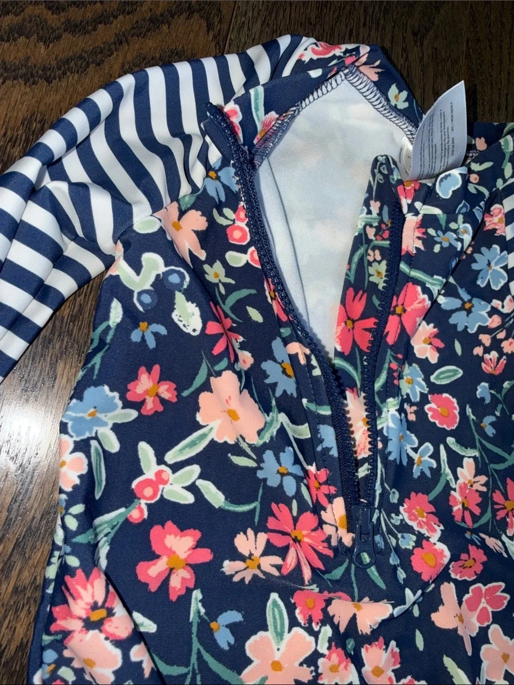OshKosh B'gosh Navy Floral Long-Sleeve One-Piece Swimsuit with Striped Sleeves 2